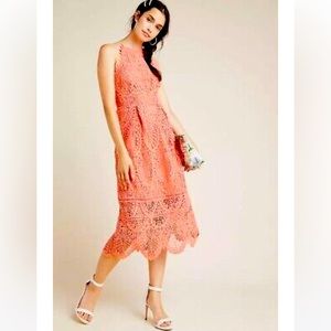 Elegant Coral Lace Midi Dress